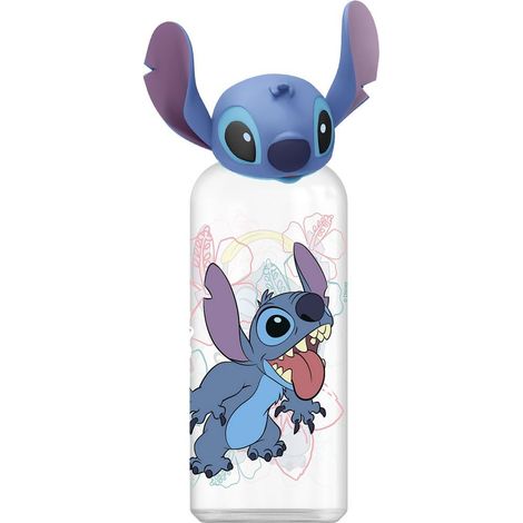 Botella de agua reutilizable para niños y niñas de plástico con diseño infantil con tapón de figurita 3D y capacidad de 560 ml de Stitch