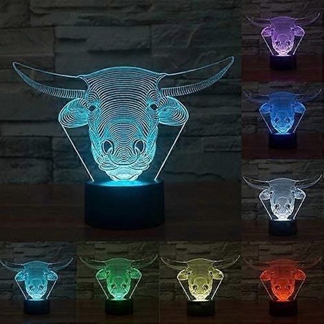 Veilleuse 3D Vache Taureau, lampe illusion d'optique, 7 couleurs changeantes, interrupteur tactile, décoration de table ou de bureau, base plate en acrylique et ABS, câble USB, jouet