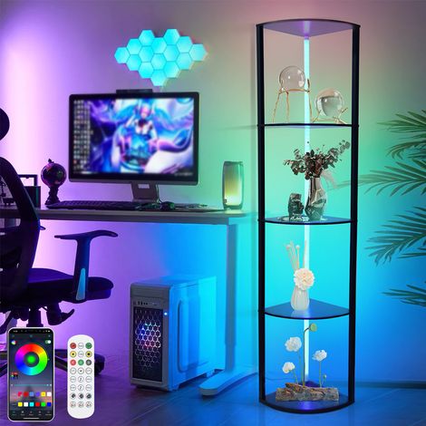 LED Stehlampe mit Holzregal, RGB Holz Stehleuchte Standleuchte Regal, 4-Ebenen, Dimmbar Ecklampe Innenbeleuchtung Bodenlampe, mit Fernbedienung, 30 x 30 x 160 cm, Schwarz, für Wohnzimmer Schlafzimmer (1/5)