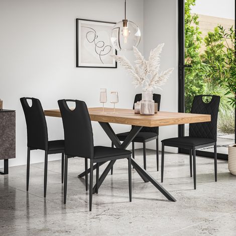 Donni Dining Table And Chairs - Oak Effect Table Top w Black Legs + Monza Faux Leather Dining Chair Set Of 6 (Black) (1/5)