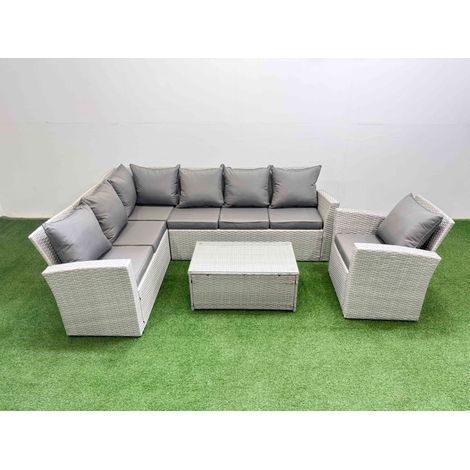 Fimous 7 Seater Garden Outdoor PE Rattan Furniture Set Rattan Garden Sofa Set with Big Footstool Light Grey Mixed (1/5)