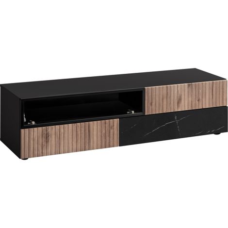 Meuble TV Cannes RTV - Bois MDF noir et chêne Viking et effet marbre noir - 160 x 42 x 45 cm - Livraison gratuite (1/5)