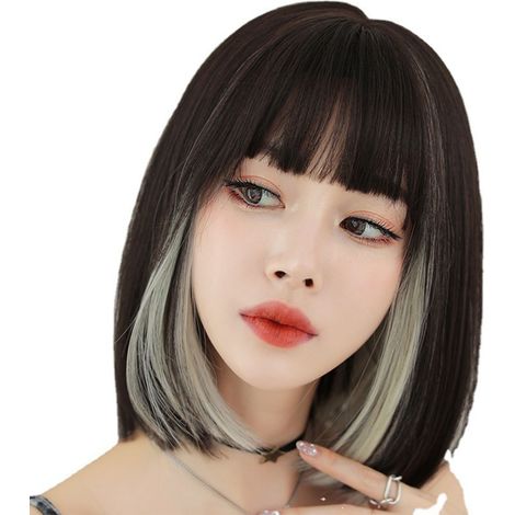 Perruque courte à oreilles tombantes, teintée en noir, beige et marron, coupe au carré lisse et ajustable pour femme, 33 cm / 13 pouces (1/5)