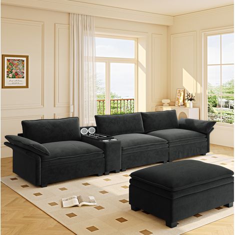 Canapé d’angle modulable 315 cm en chenille noire avec ottoman, recharge, lumière et haut-parleurs (1/5)