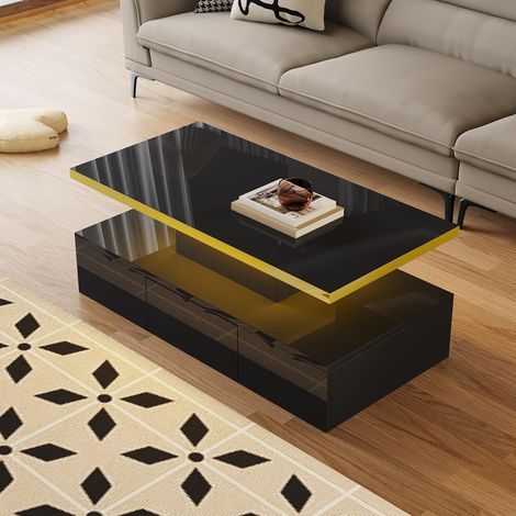 Couchtisch – 100 x 50 x 38,5 cm – rechteckig – mit LED-Beleuchtung und Stauraum – Design in Schwarz lackiert (1/5)
