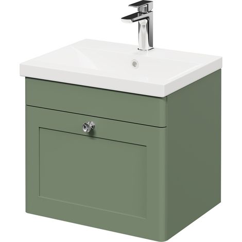 Wholesale Domestic Danbury Satin Green 500mm Wall Mounted Vanity Unit with 1 Tap Hole Modern Basin and Single Drawer with Polished Chrome Handle (1/5)
