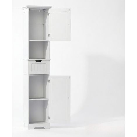 Hohes, schmales Badezimmerschrank mit LED, 2 Türen, Schublade und offenem Fach, weiß, MDF (1/4)