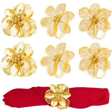 Lot de 6 Ronds de Serviette en Forme de Fleur dorée pour décorations de Table de Thanksgiving, Banquet de Noël, réceptions Quotidiennes (1/5)
