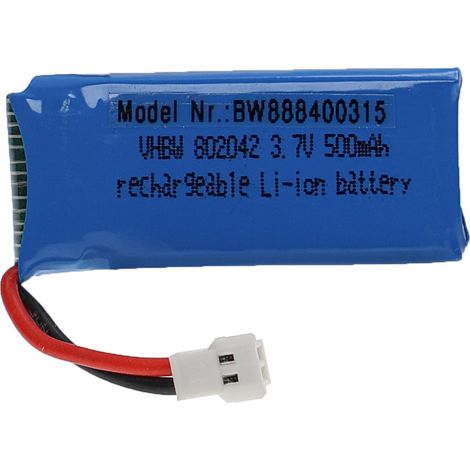 vhbw Battery compatible with XH 2.54 2P Plug for Model Making Device e.g. Racing Car, Helicopter (500mAh, 3.7 V, Li-polymer, 45 x 20 x 8 mm)