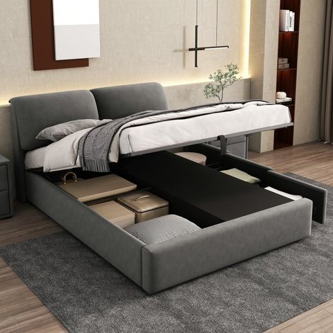Lit coffre hydraulique 140x190 cm en velours gris, sommier à lattes, 3 tiroirs (1/5)