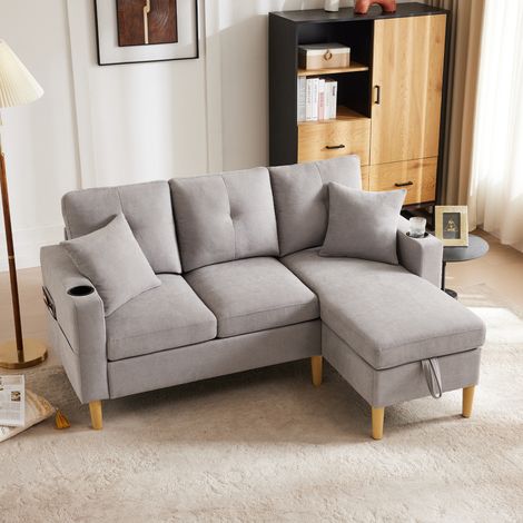Canapé 3 places en Coton et lin, L, avec rangement, porte-gobelet intégré et 2 coussins, Idéal pour les salons ou bureaux, Gris clair (1/5)