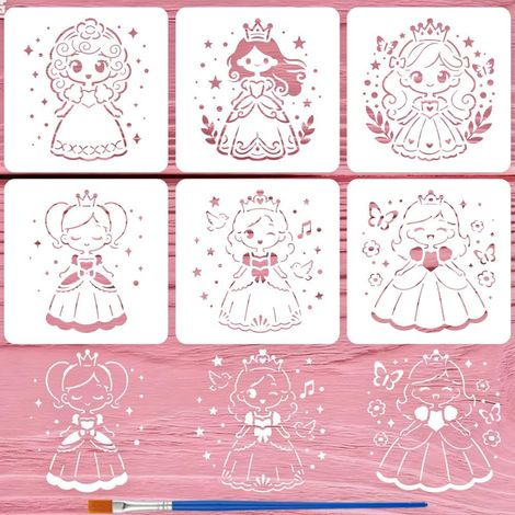 6Pcs Pochoirs Princesse 15x15cm Pochoir Peinture Princesse Cartoon Mignons Modèles Conte de Fées Avec Un Pinceau pour Décoration Mur Sol Maison Jeu Créatif Projets Artistiques (1/5)