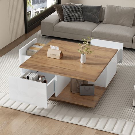 Tavolino da salotto 70x70x31,5 cm in pannelli di legno bianco con contenitori FloraGrace (1/5)