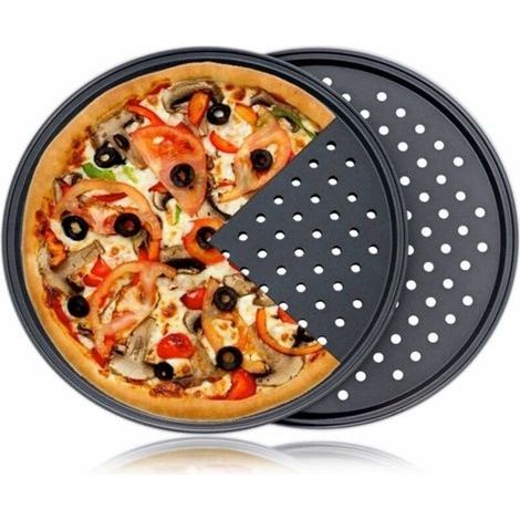 Lot de 2 Moules à Pizza Ronds Antiadhésifs Perforés en Acier au Carbone Noir, Grille Résistant Haute Température, Support Idéal Tarte, Quiche, Pizza, Pâtisserie, 32cm (1/4)