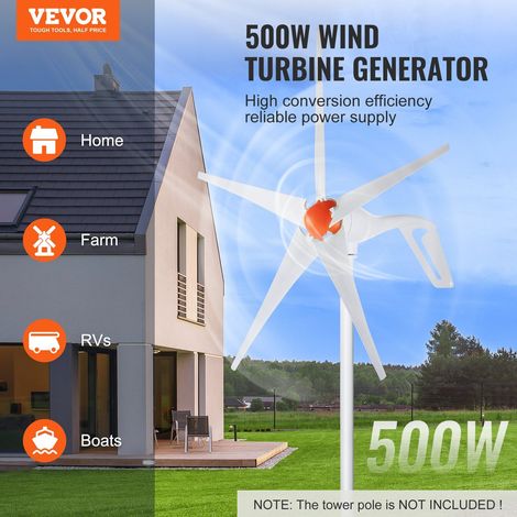 Eolienne 500W 12V kit turbine eolienne 5 pales generateur energie vent regulateur MPPT direction vent ajustable demarrage 2.5m/s pour maison ferme camping-car bateau (1/5)
