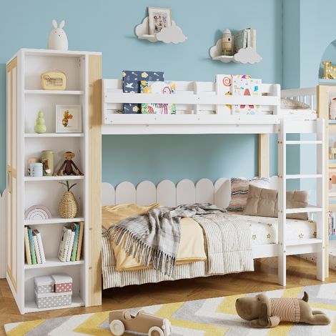Etagenbett 90x200 cm mit Schrank und 6 offenen Regalen, Kinderbett mit Rausfallschutz und 4-stufiger Leiter, Kiefernholz Weiß Natur (1/5)