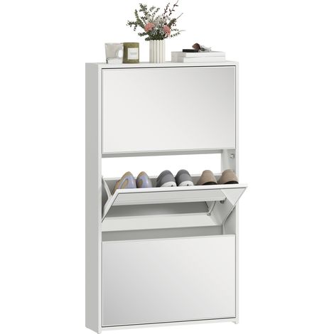 HOMCOM zapatero estrecho 3 puertas con espejo, zapatero entrada recibidor, para 9 pares de zapatos, para espacios reducidos, 65x17x114,5 cm, blanco