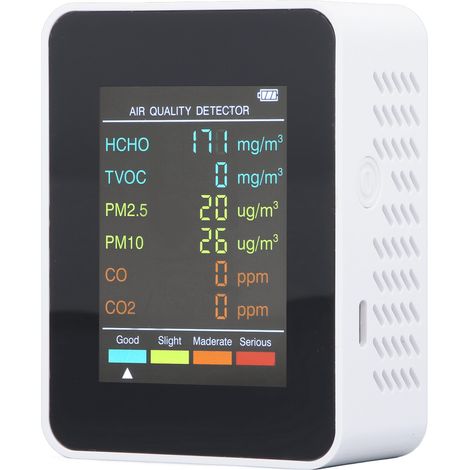 Moniteur de qualité de l'air portable avec écran LCD rétroéclairé, détecteur CO2 TVOC HCHO PM2.5 PM10 avec alarme, blanc,de DEBUNS (1/5)