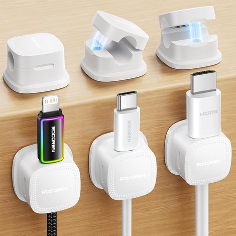 Clips Câble,Organisateur de Cables,Accroche Cable,Clips de Câble Autocollants,Support de Câble Magnétique,Convient pour Le Bureau, La Table de Nuit, Le Câble de Charge, HDMI, USB (6, Blanc) (1/5)