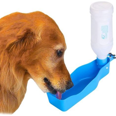 Dog water bottle for walking with strap, stand-up portable pet drink dispenser with attached bowl for travel - blue, 12 oz (1/5)
