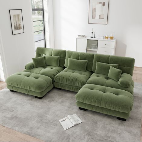 Divano angolare modulare in chenille verde con pouf, configurazione a U o a L, seduta profonda (1/5)