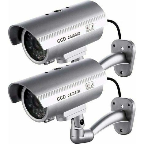 2 fausses caméras d'extérieur, pour une utilisation intérieure et extérieure, avec lumière LED clignotante (argentée) (1/4)