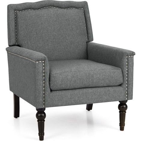 COSTWAY Mid-century Modern Armchair Linen Fabric Upholstered Accent Chair (1/5)