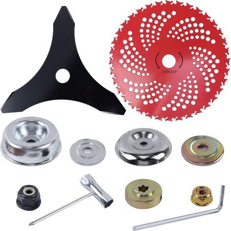 Lot de 11 lames de débroussailleuse à dents métalliques robustes avec kit adaptateur universel, accessoires de rechange pour débroussailleuse, mauvaises herbes résistantes (1/4)