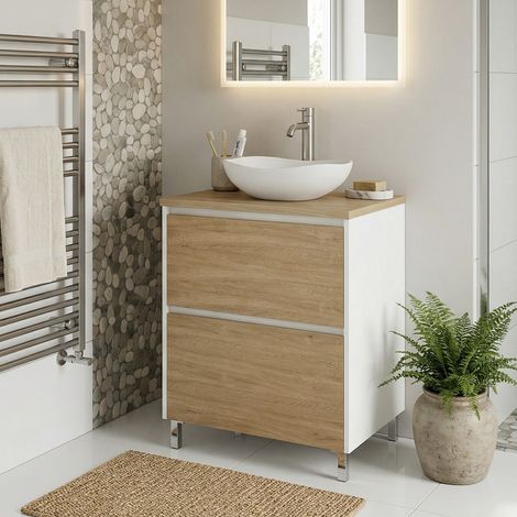 Meuble vasque à poser L.60cm sur pied Blanc laqué 2 tiroirs Chêne naturel LISBONA - sans colonne (1/5)