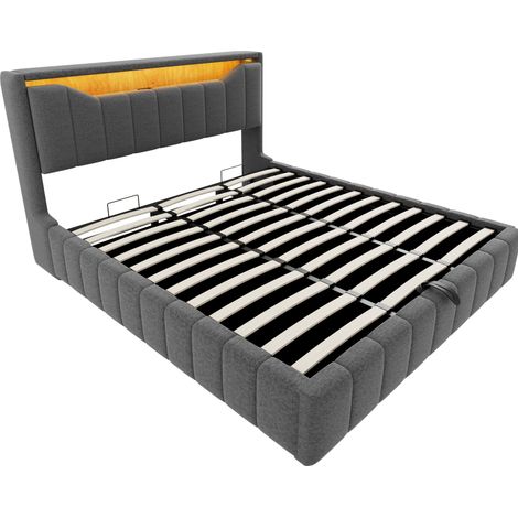 Cama con almacenaje 180 x 200 cm gris, hidráulica, LED, USB y USB-C, tejido de lino (1/5)