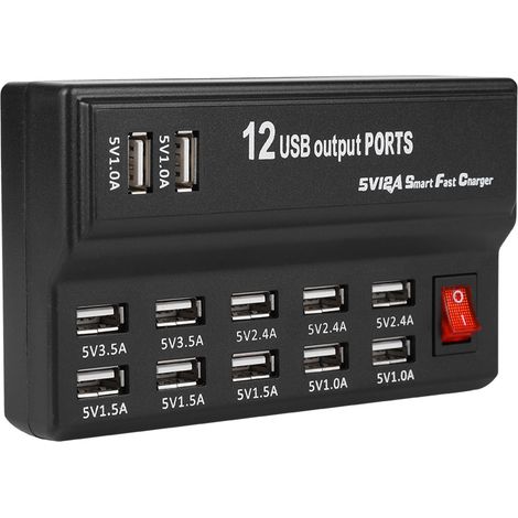 Station de Charge USB 12 Ports, Bloc d'Alimentation 5V 10A pour Maison et Voyage, Adaptateur Secteur UE