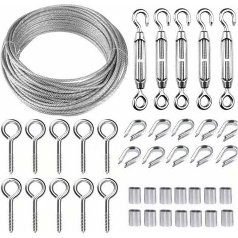 Kit câble métallique acier inoxydable 30m/2mm - Tendeur fil robuste M5, rouleau de fil de clôture, garde-corps de câble pour plantes grimpantes (1/3)