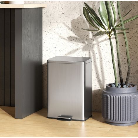 Papelera de 20 L con pedal, cierre suave y cubo interior extraíble, acero inoxidable plata (1/5)
