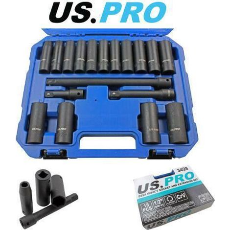US PRO Impact Sockets 18PC 1/2"" Deep 10 - 24mm And Extension Bar Set 3428 (1/5)