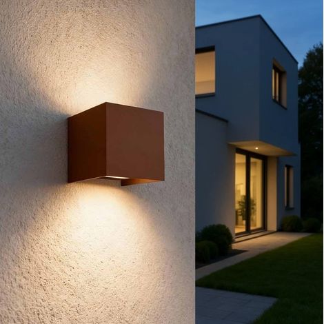 Applique LED 12W CCT per esterni IP65 colore marrone ruggine cubo up & down doppia luce regolabile lampada da parete