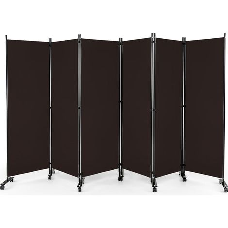 COSTWAY 334,5 x 172 cm Raumteiler auf Rollen, Paravent 6-teilig, Trennwand faltbar, aus Stoff, Sichtschutz für mehr Privatsphäre und Flexibilität (Braun) (1/5)
