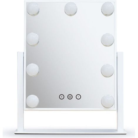 , Miroir de courtoisie Hollywood, 25 cm x 30 cm, 3 couleurs de luminosité réglable, miroir de courtoisie en verre antidéflagrant avec 9 ampoules LED à intensité variable, blanc (1/5)