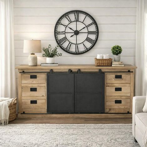 Buffet bois métal style atelier à portes coulissantes 200 cm CAMDEN (1/5)