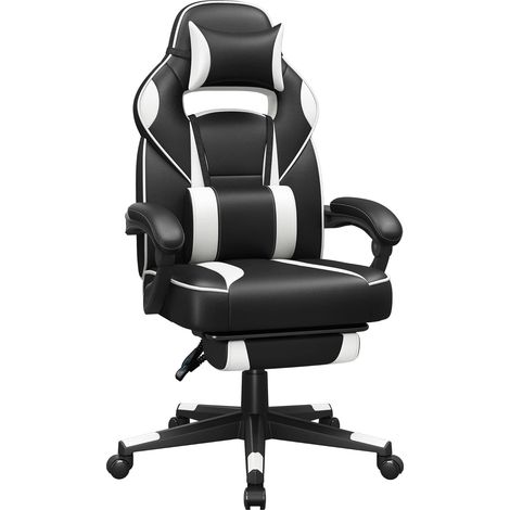 Songmics – Chaise gaming ergonomique avec repose-pieds télescopique – Support lombaire – Hauteur réglable 47-57 cm – Charge 150 kg – Noir et blanc OBG73BW