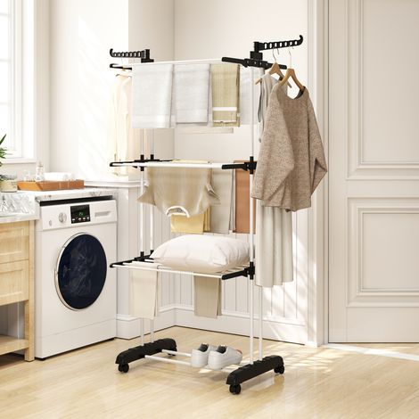 Corde Linge Pliable Roues Niveaux Ailes Cintres Pliants Noir Blanc 73x64x172cm