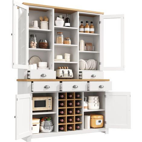 Meuble haut de rangement blanc avec porte vitrée, 5 tiroirs, étagère réglable, casier à vin amovible, anti-basculement et fermeture douce  CHICFURN (1/5)
