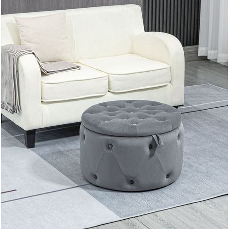 Pouf de rangement rond Ø60x40 cm en polyester gris, gain de place pour salon et chambre FLORAGRACE (1/5)