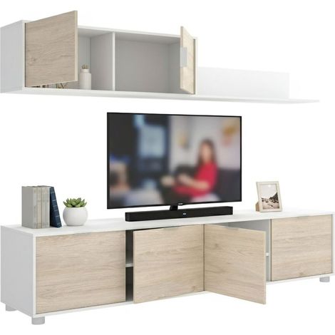 Dmora - Parete attrezzata Winnie, Composizione soggiorno, Mobile salotto multiuso, Armadio porta TV, 200x40 h43 cm, Bianco e Rovere
