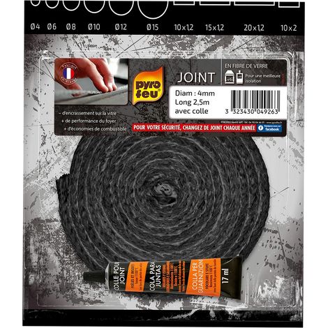 Pyrofeu – Joint noir en fibre de verre 4,2m – Résistance thermique jusqu'à 500°C – Pour inserts et poêles – Colle réfractaire incluse