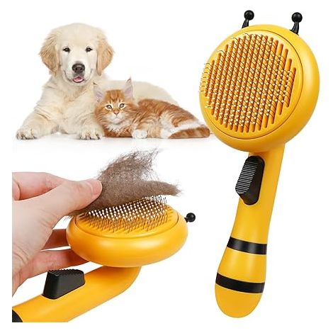 Hunde- und Katzenbürste, weiche Edelstahlbürste für langes und kurzes Fell, Ein-Knopf-Bürste zur schnellen Entfernung von Tierhaaren (1/5)