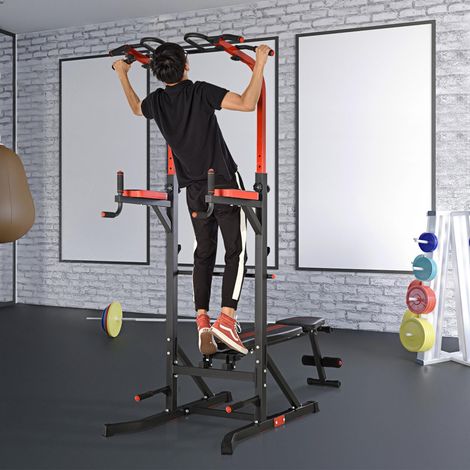 Estación de Musculación Torre de Entrenamiento con Altura Ajustable y Respaldo Regulable en 5 Posiciones Barra de Dominadas Fitness Flexiones Acero 108x178x202-238 cm Negro (1/5)