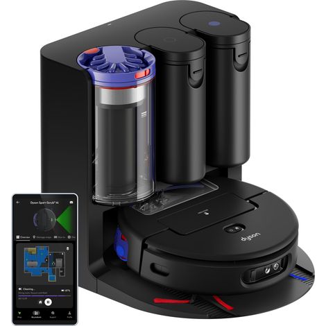 Aspirateur robot laveur sec et humide, rouleau humide auto-nettoyant, 4× puissance d’aspiration sur tapis, vidage automatique, élimination des taches par IA (Noir/Bleu) (1/5)