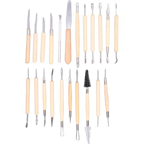 Kit de 22 outils de sculpture pour argile et poterie, double extrémité avec manche en bois, set céramique pour modelage DIY. (1/5)
