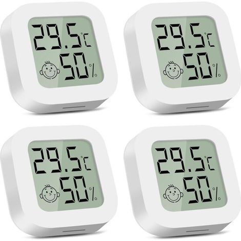 Thermomètre hygromètre interieur, 4 Pièces Mini Thermometre Digital, Moniteur de Température pour Chambre de Bébé, Bureau, Salon, Serre, Rangement, Sous-sol, Cave à Vin (Blanc)