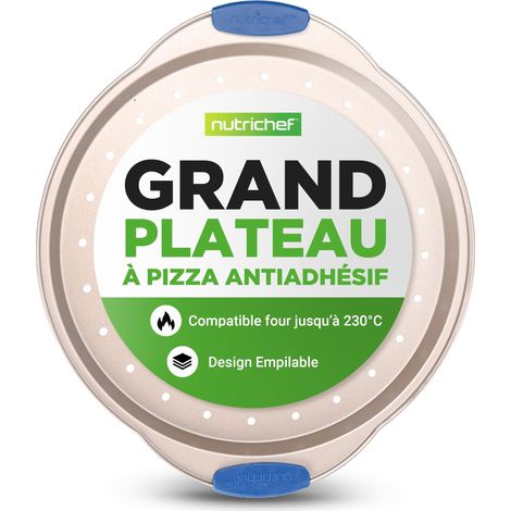 Plaque Pizza - Moule à Pizza Antiadhésif - Plat Rond en Acier Perforé - avec Poignée en Silicone - Ustensiles de Cuisine - Compatible Lave-Vaisselle - Or Champagne (1/5)